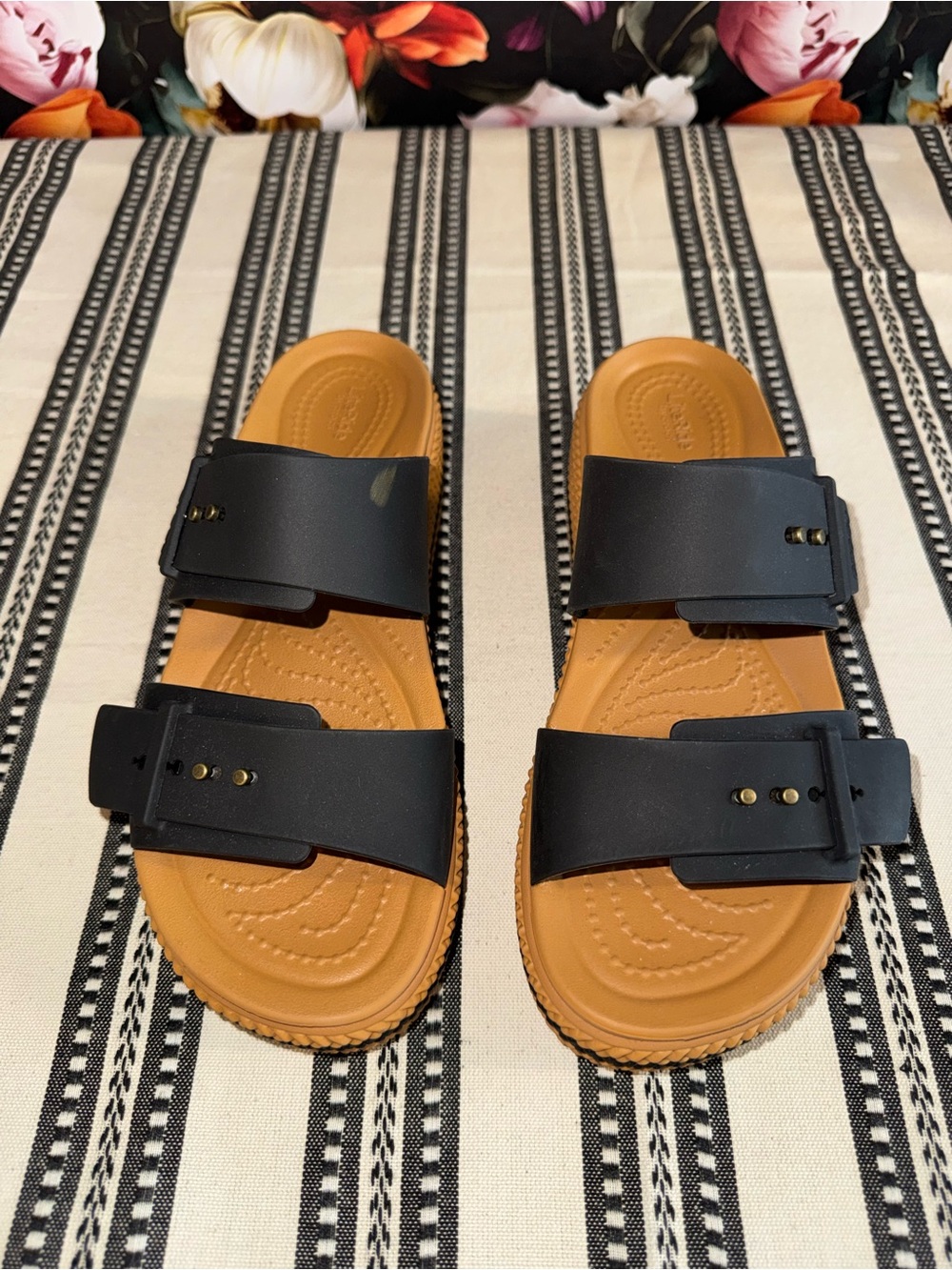 CROCS Double - Strap Black and Tan Platform Sandals, Size 7 - Picture 2 of 15